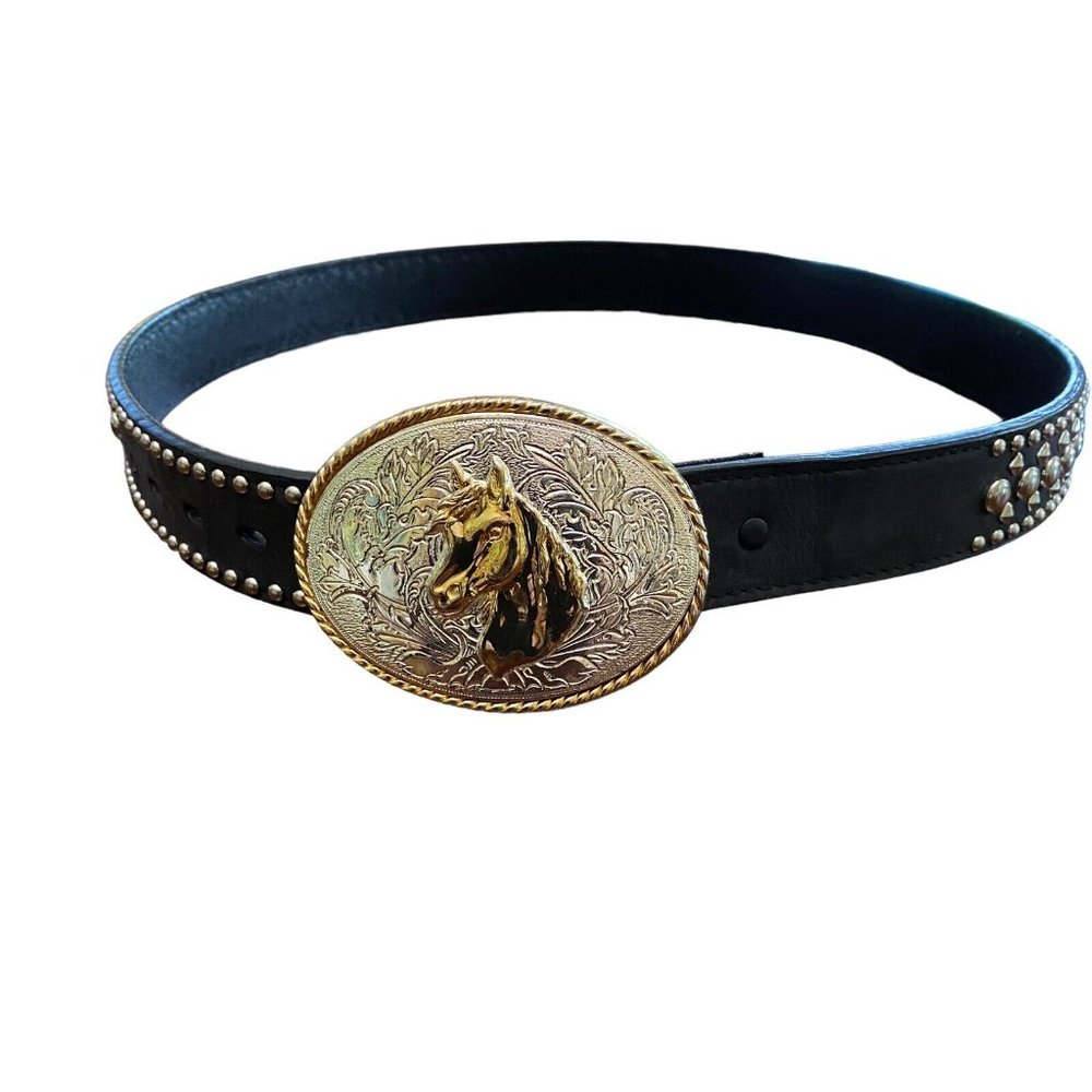 Ivan Silver Gold Engraved Horse Head Buckle Studded Tooled Rodeo Cowboy Belt 38